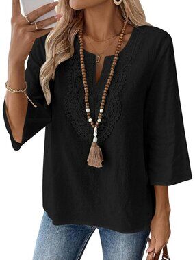 Women's Black V Neck Pull On Loose Fit Blouses Sleeve Top Cotton Linen Shirt